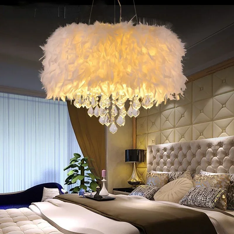 

Simple and Modern Led Crystal Feather Lamp Romantic Wedding Lighting Net Red Bedroom Ins Girl Creative Ceiling Chandelier