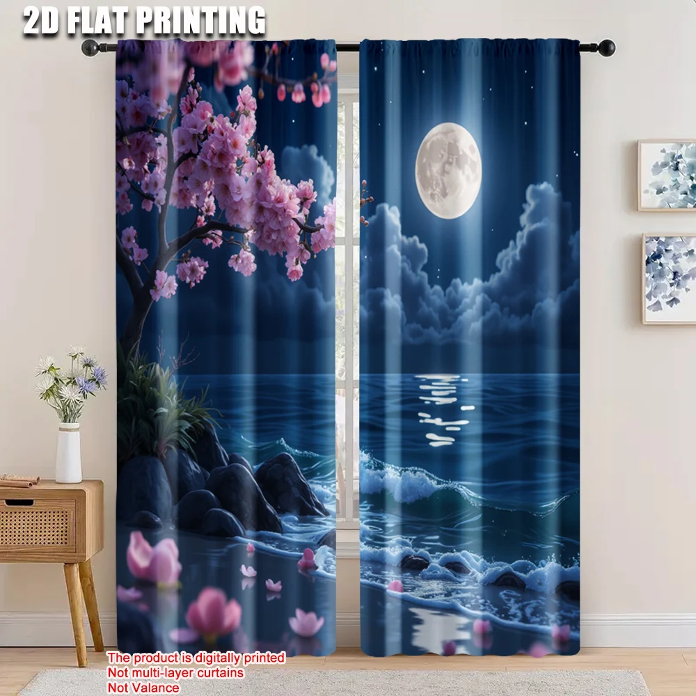

2pcs, 2D flat printing Window Curtains Sakura Moon Blackout Polyester Birthday Party Use for translucent polyester curtains