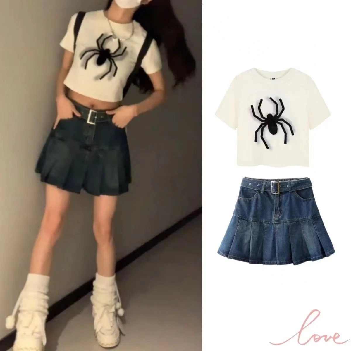 Spider Summer Short Spice Girl Short Top Age Reducing Korean College Style + Denim Pleated Skirt