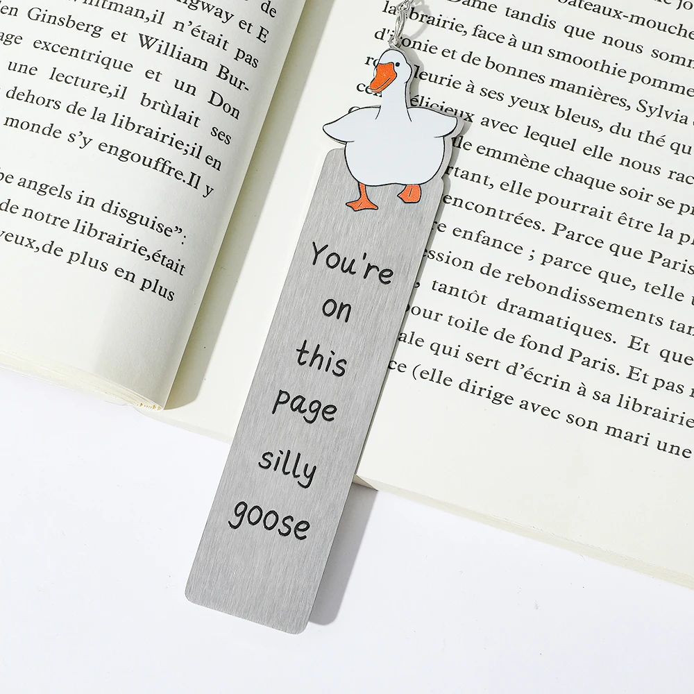 Silly Goose Metal Bookmarks Silver Lavender Page Markers with Duck Charm Chain, Red Accent Letters & Floral Decor for Book Lover