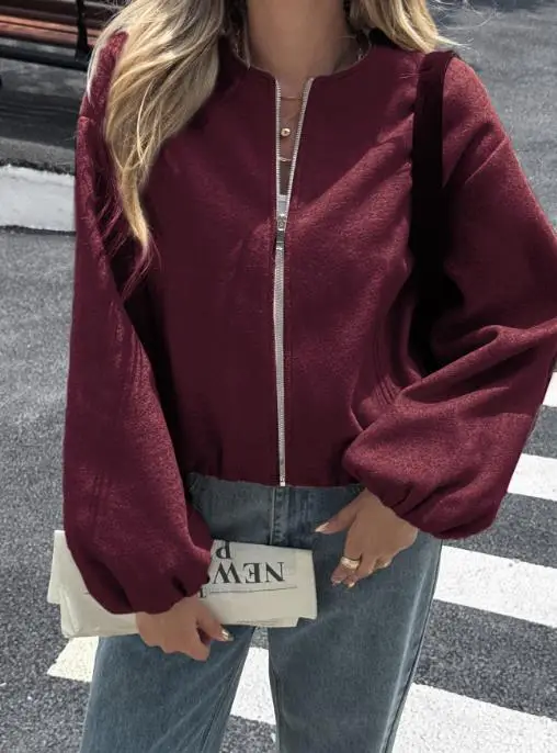 Autumn 2025 Casual High-End Texture Women's Long Sleeved Jacket Round Neck Solid Color Short Style Simple Zipper Front Jacket