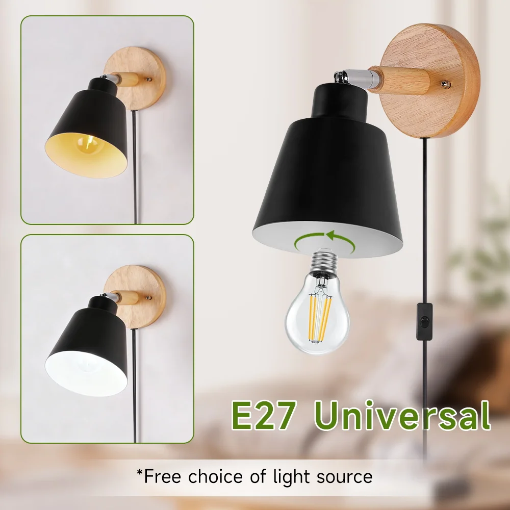 

E27 Внутренний настенный светильник Nordic с деревянным основанием Светодиодный настенный светильник 110-220 В 180 ° Поворотная сменная лампочка для бра в гостиной, спальне