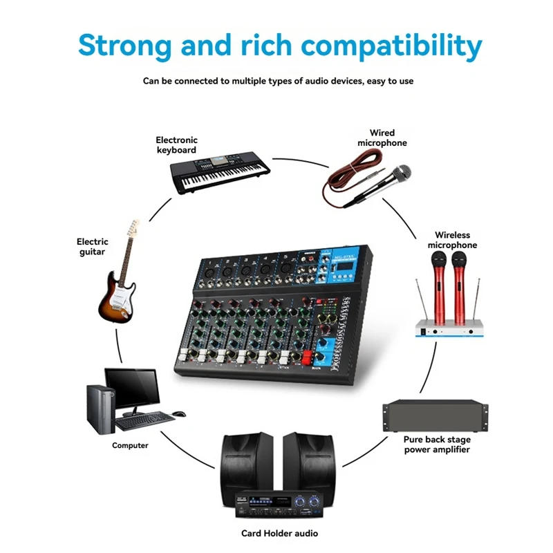Professional 7-Channel Audio Mixer with USB MP3 Player Mixing Console of for Sound Mixing Console PC Recording US Plug-TCES