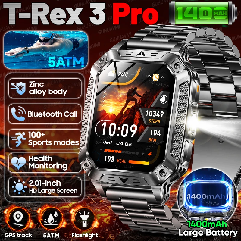 

2026 New T-Rex 3 Military 1400mAh Battery Smart Watch 5ATM Waterproof LED Flashlight Heart Rate Voice Call Men Sports Smartwatch