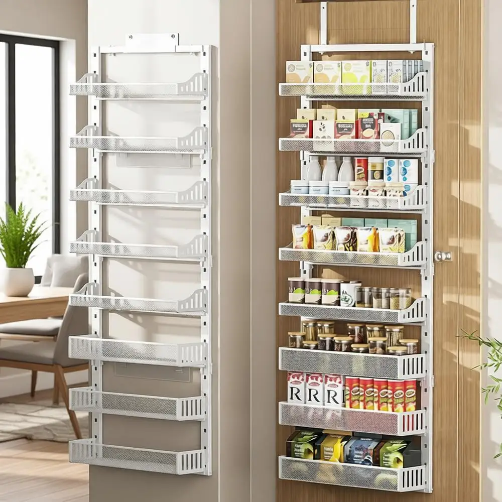 

8-Tier Adjustable Metal Door Spice Rack, Large Wall Mount or Hanging Pantry Organizer for Kitchen and Bathroom, White