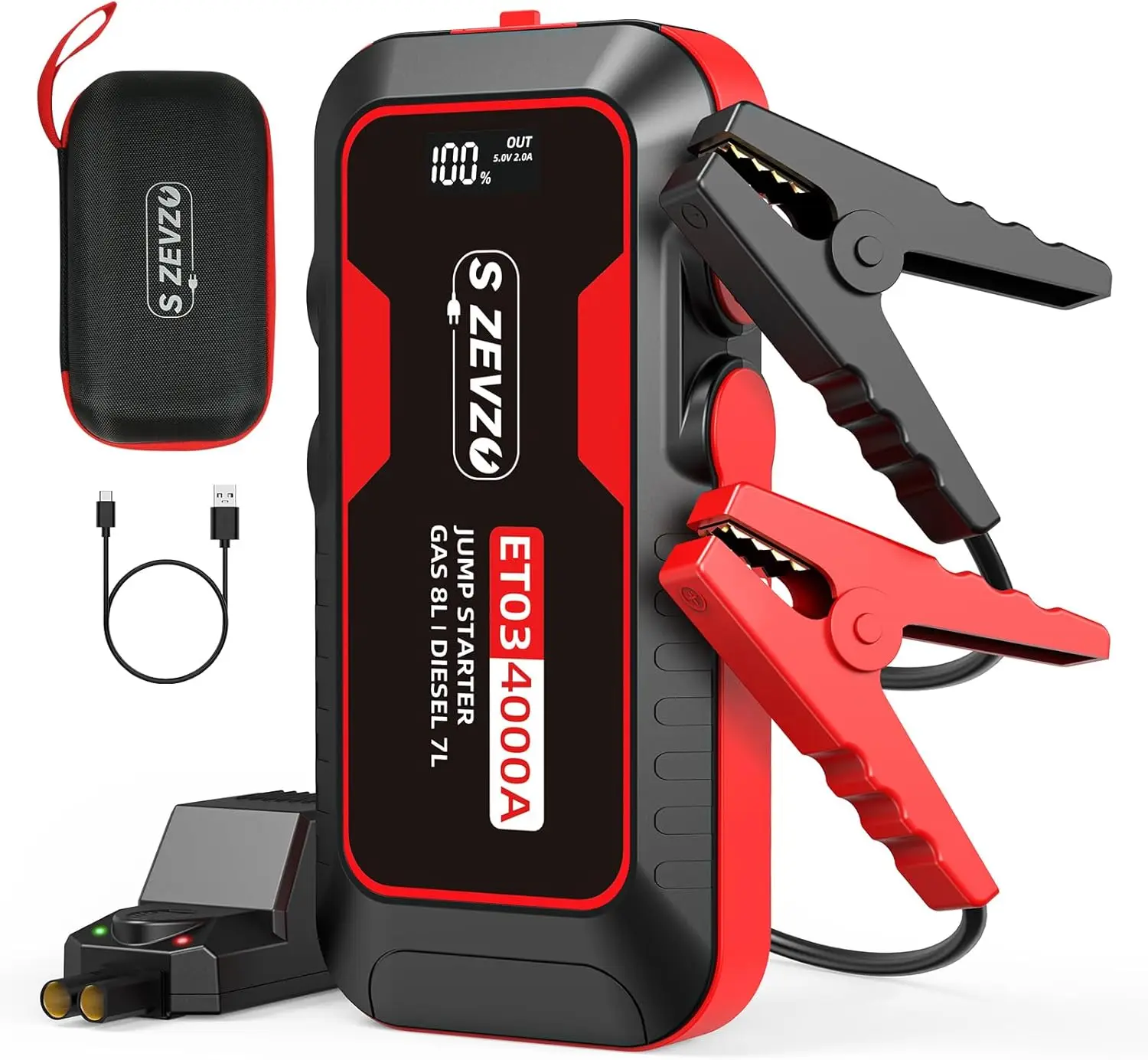 

ET03 4000A Car Jump Starter 12V Battery Pack for 8.0L Gas/7.0L Diesel, 74Wh with USB, LCD, LED Light, Case