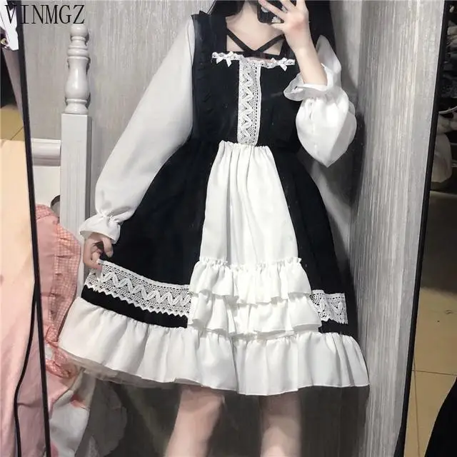 

Japanese soft girl cute fungus edge contrasting color splicing loose long-sleeved ruffle edge dress cute