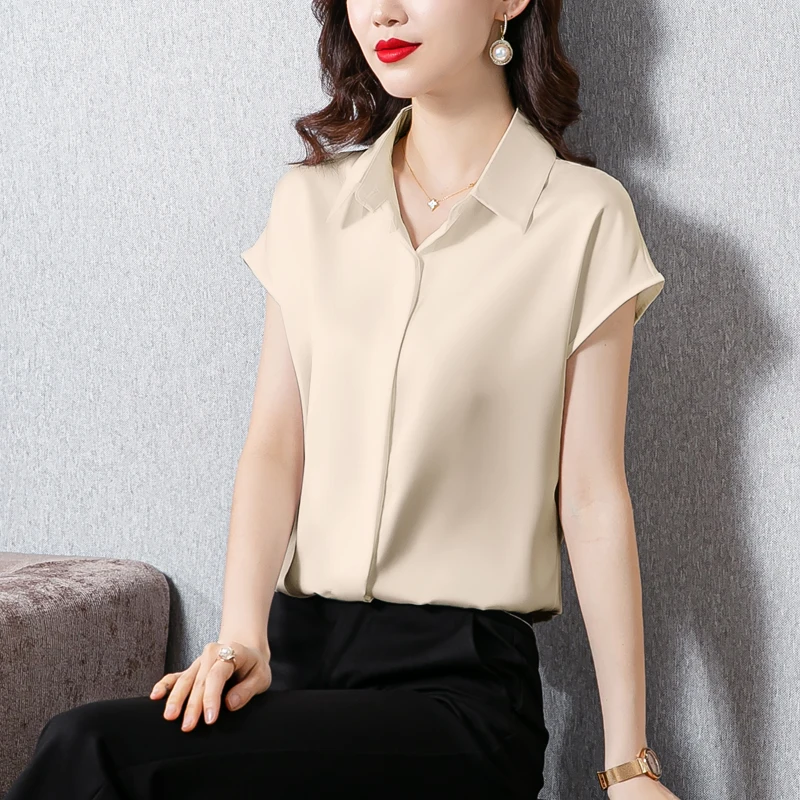 Vintage Blouse Women 2023 New Summer Satin Shirt Silk Elegant Womens Tops Short Sleeve Blouses and Shirts Fashion Women Clothing