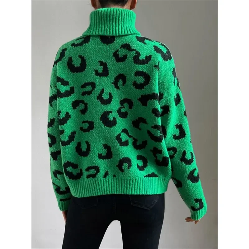 Pulôver feminino de malha de gola alta estampado leopardo, suéter solto casual, top personalizado, diário e rua, nova moda, outono