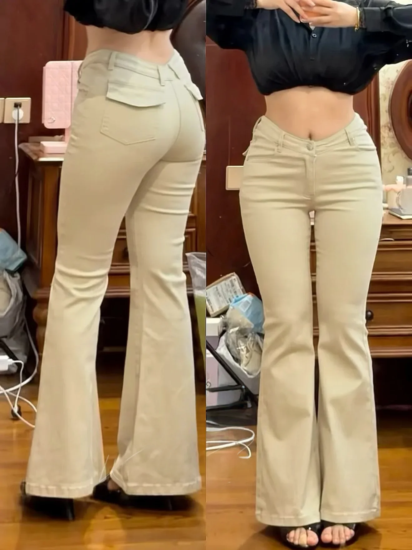 

Джинсы-клеш с высокой талией для похудения, цвет молочный чай, дизайн с V-образной талией, эффект подтяжки ягодиц, женские повседневные, из эластичного хлопкового денима, на пуговицах