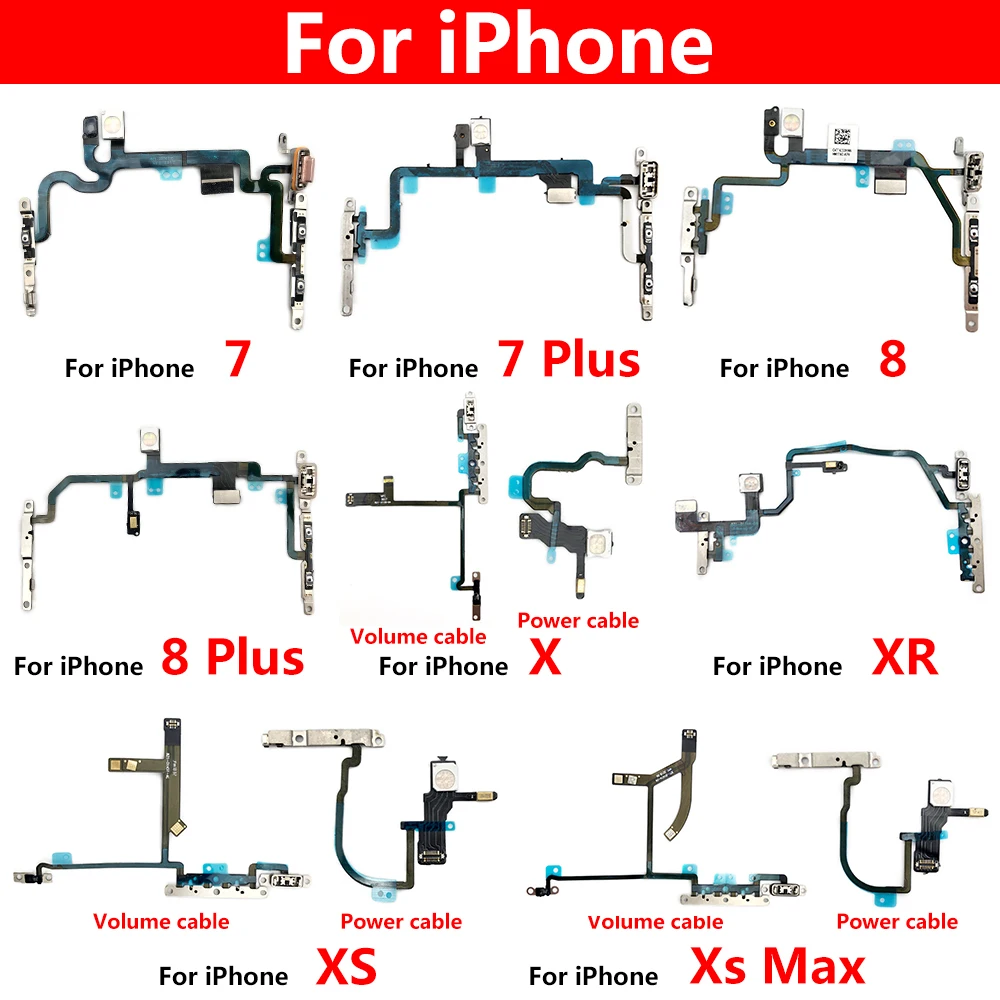 New Power On Off Flex For iPhone 7 7G 8 8G Plus X XR XS Max Volume Up Down Side Button Key Ribbon Flex Cable With Metal