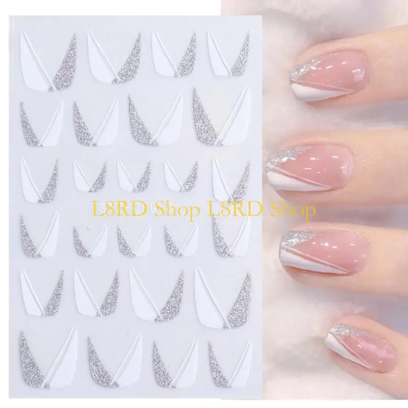 L8RD 프렌치 팁 네일 스티커 반짝이 반짝이는 은색 실버 화이트 그린 블랙 프랑스 손톱