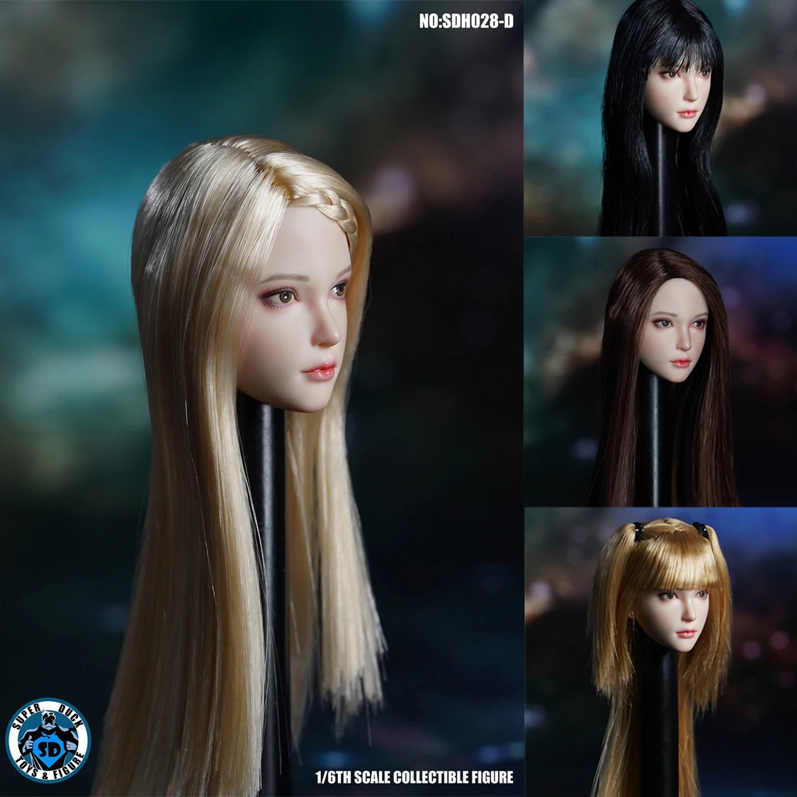 Super Duck 1/6 SDH028 Cabeza de figura femenina asiática, piel pálida, linda y exquisita, con cabello implantado, para figuras de acción de soldados de 12 pulgadas