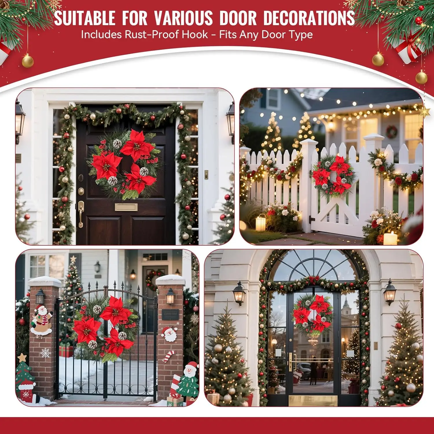 إكليل عيد الميلاد مقاس 24 بوصة - إكليل صنوبر كبير مع بونسيتة حمراء للباب الأمامي والجدار والمدفأة - داخلي/خارجي #3