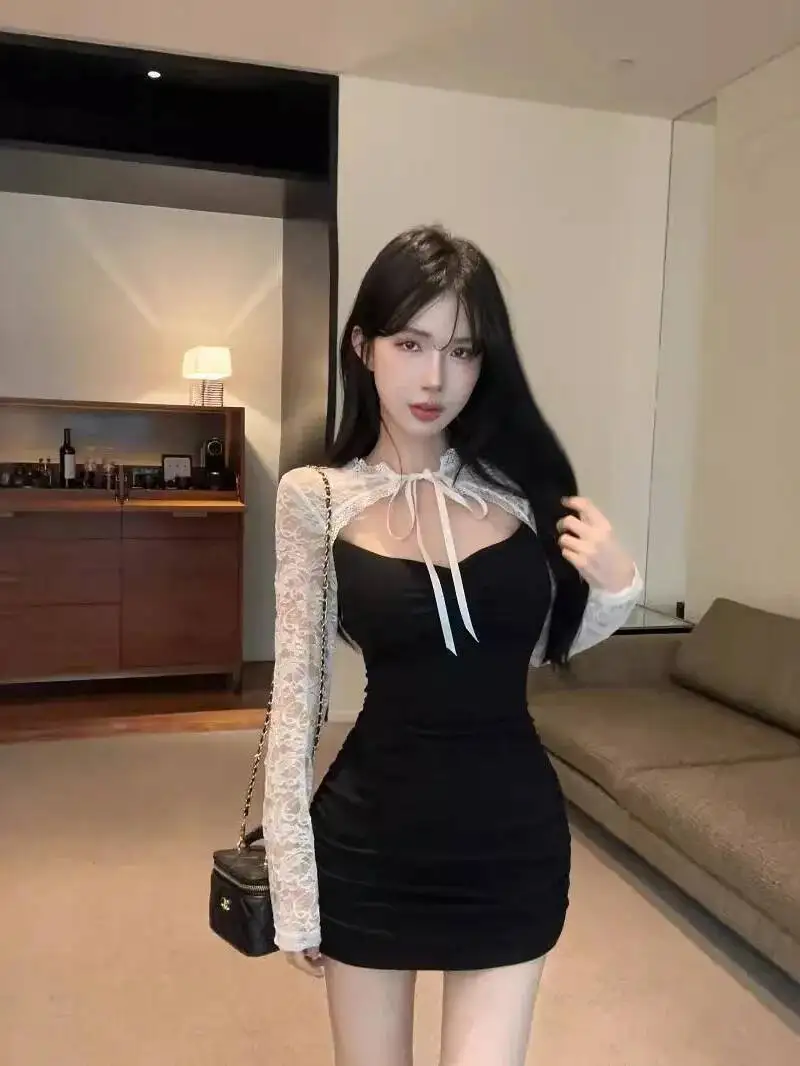 Koreańska seksowna koronkowa sukienka z wycięciami, sznurowana, prześwitująca, z długim rękawem, dopasowana, z efektem modelowania talii i bioder, krótka sukienka PH4T