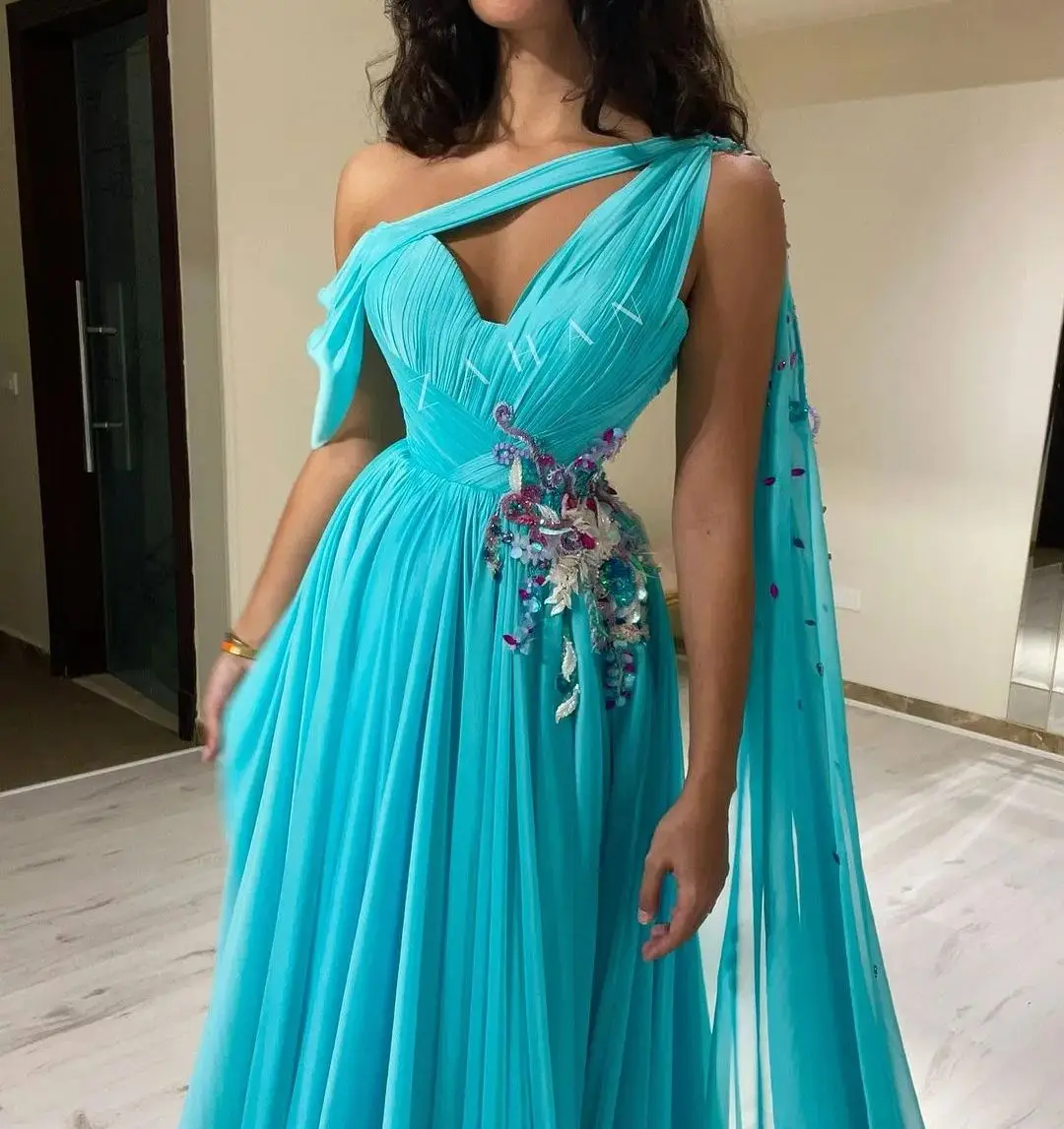 V Neck Evening Dresses Floor Length Beadings Prom Dresses gala Watteau Train Saudi Arabia Women For Wedding Blue Party Gowns New