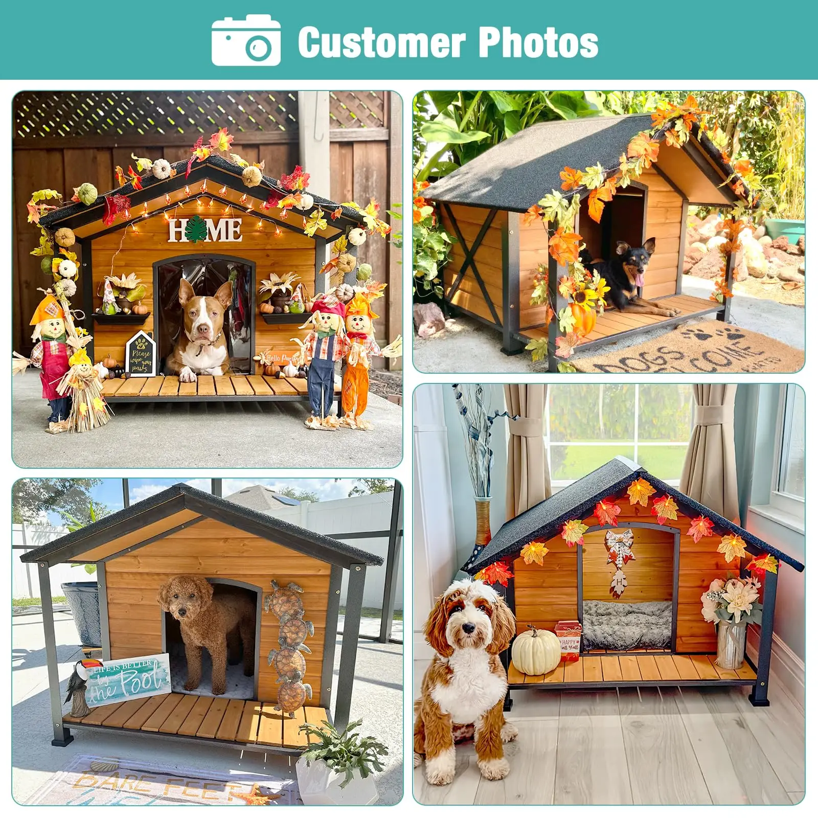 Outdoor Dog House Weatherproof Wooden Dog Shelter for Small to Medium Sized Dogs Iron Frame Indoor Outdoor Doghouse