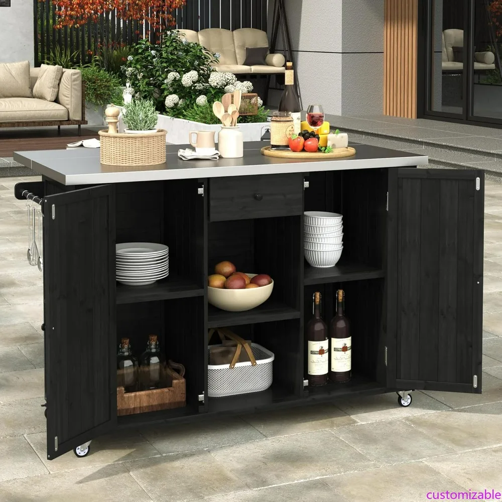 

Stainless Steel Top Outdoor Grill Table, Fir Wood Outdoor Kitchen Island with Spacious Storage, Farmhouse Style Rolling Bar Cart