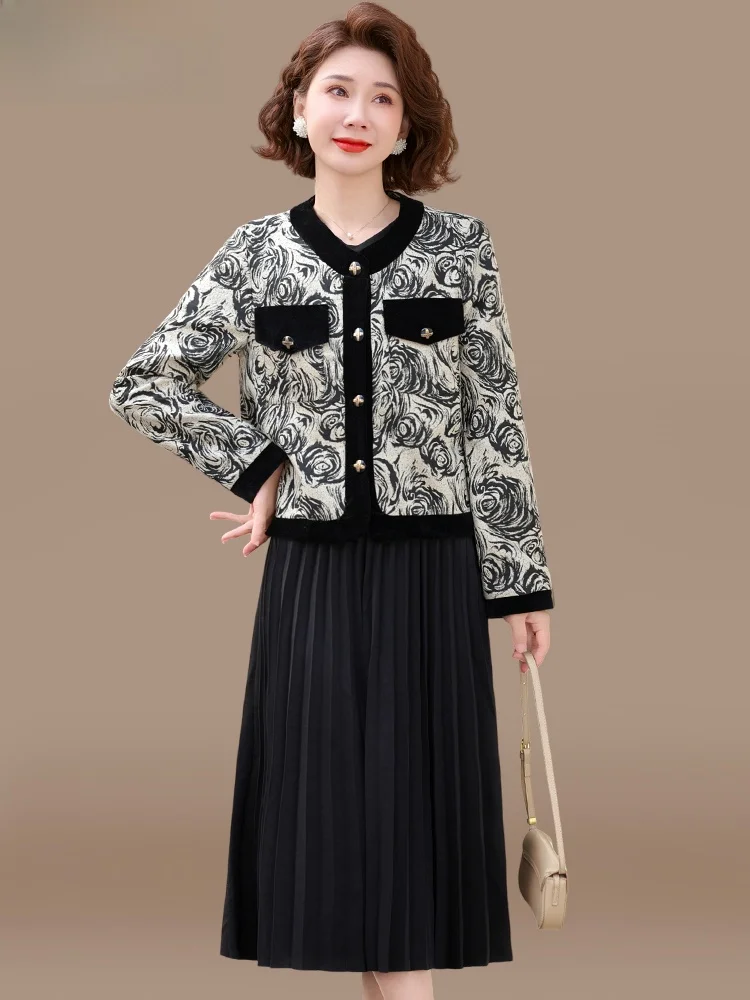 

Весенний модный комплект верхней одежды для женщин среднего и старшего возраста: элегантный свободный кардиган из смесового полиэстера