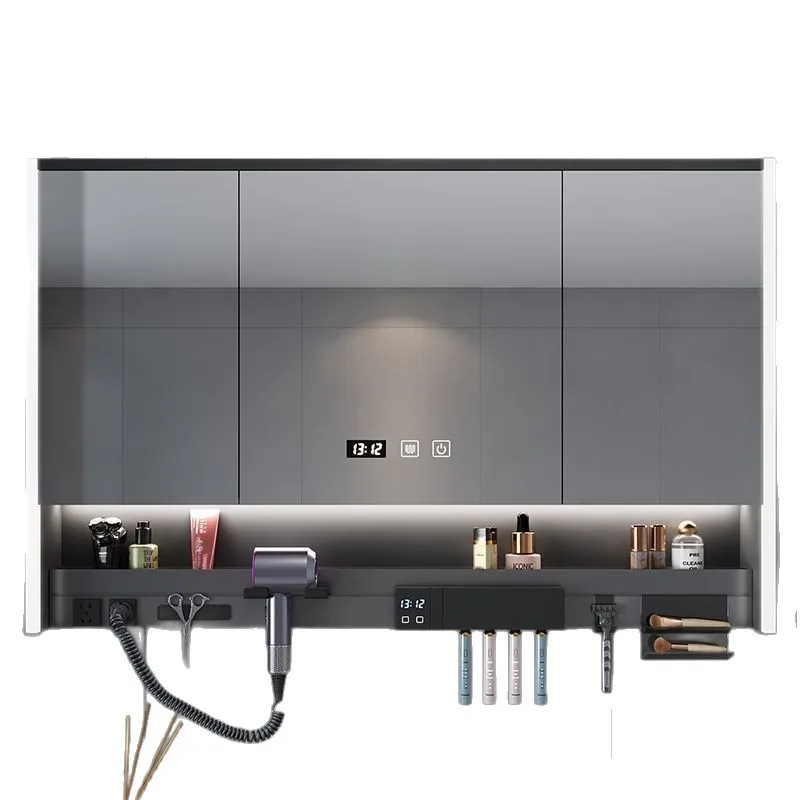 Multifunctional smart bathroom mirror cabinet with hair dryer, toothbrush, disinfection rack, laminate, ambient light, bathroom