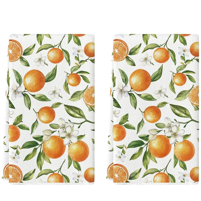 2-Pack Orange Print Household Cleaning Cloths, Scouring Pads, Dish Towels, Tea Towels, and Placemats, Used for Washing and Drying Household Items, Soft and Absorbent Drying Cloths, Lint-Free, Non-Fading, Reusable. Spring and Summer Floral Designs