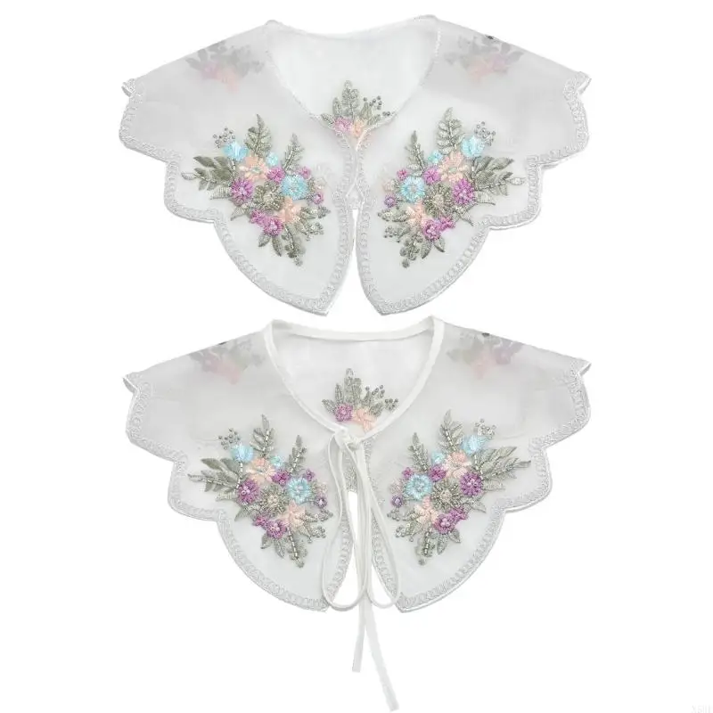 N58F Fashionable Organza Colorful Floral Embroidered False Collar Ties Shawl Capelet for Collarless Blouse and Dress Decors