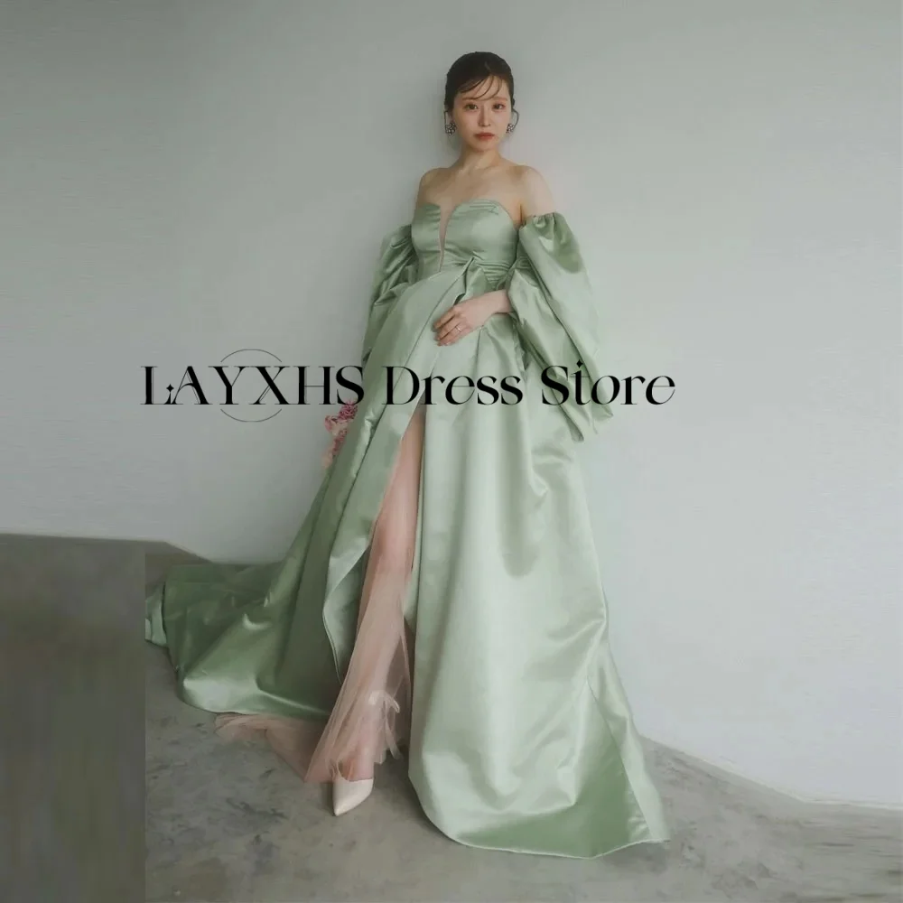 Abiti da sera semplici in raso di seta verde salvia Corea Giappone Abiti da ballo per servizio fotografico all'aperto con maniche staccabili a fessura alta 2026