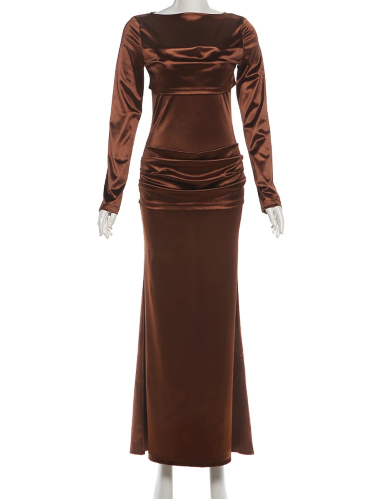 Sisterlinda Silky Satin 긴 원피스 여성 패션 트렌드-넥 풀 슬리브 하이 웨이스트 로브 매일 캐주얼 루치 우아한 베스티도