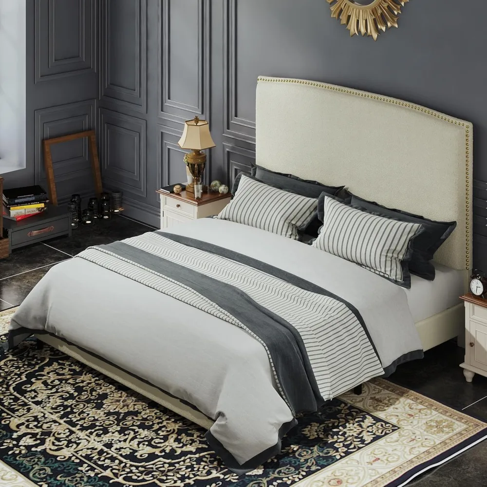 سرير بمنصة منجدة بحجم كوين مع لوح رأسي، 56 حواف رأس أظافر، قماش بوكل ناعم، لا يتطلب صندوق زنبركي #3