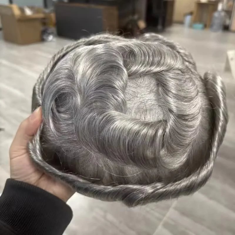 1B65 1B80 1B50 دائم 0.1 مللي متر رقيقة الجلد حقن نظام الذكور البشري الاصطناعية خصلات الشعر المستعار الرجال أرخص خط الشعر الطبيعي الشعر المستعار #6