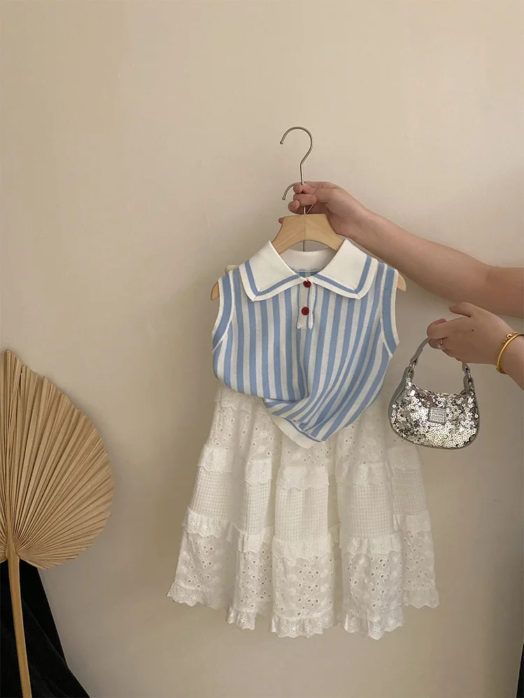 

Girls' SleevelessPOLOStriped Sleeveless Top2025Spliced Solid Color Versatile Skirt Stylish Two-Piece Set