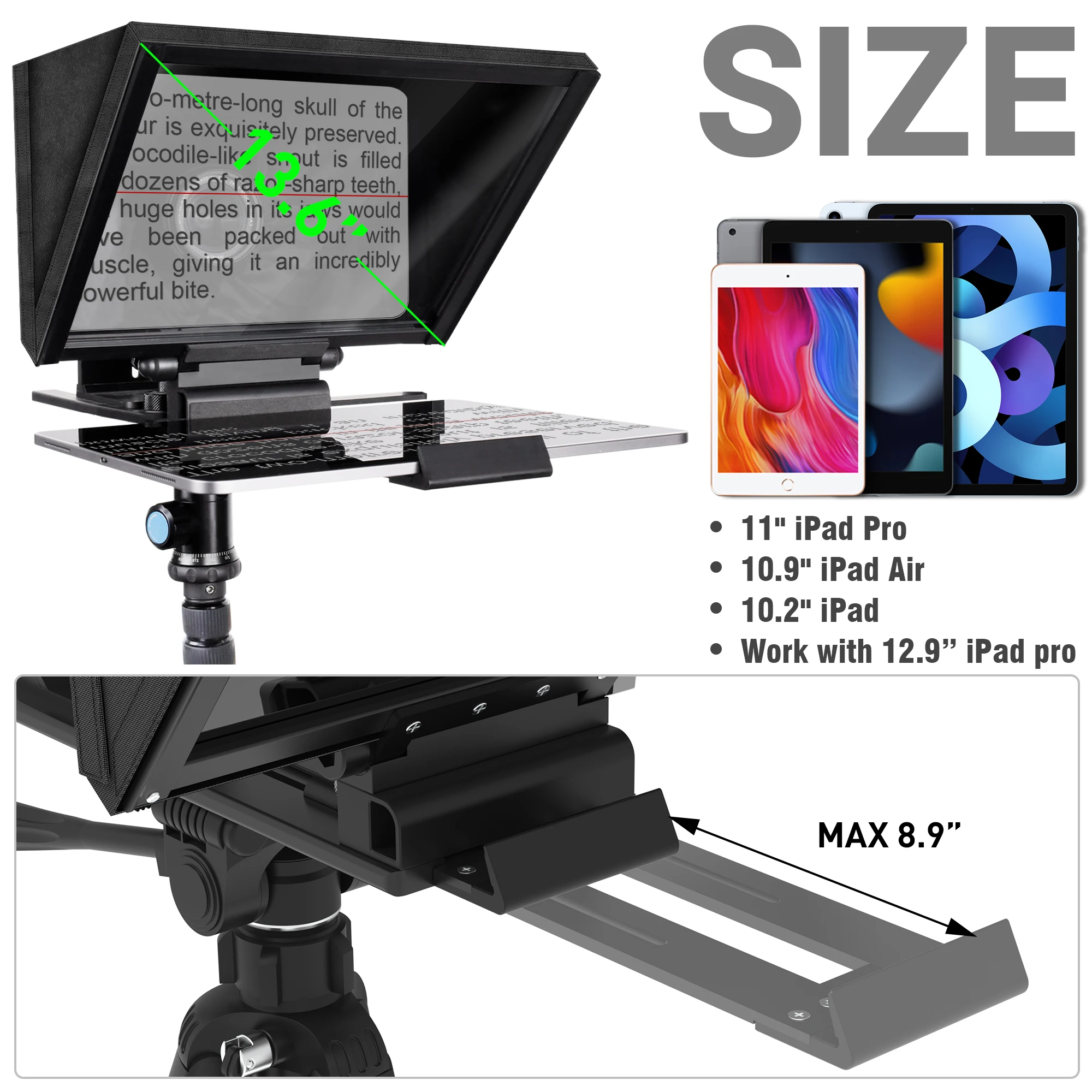 13.6-inch teleprompter for Camera, with Adjustable Remote Control Screen and Free Exclusive app , Accommodates 12.9-inch Tablets