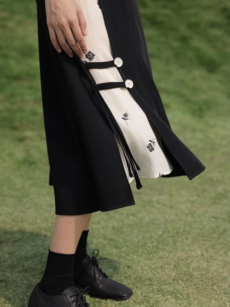 New 2025 Chinese Style Women Skirts High-waisted A-line Splicing Summer Floral Printed Fashion Skirt Woman