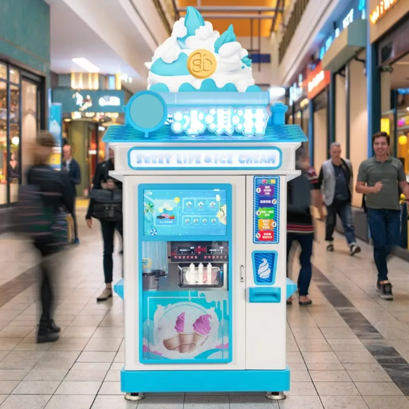 Commercial Robot Ice Cream Kiosk Vending Machine, Automatic Ingredients Delivery System for 3 Kinds Soft Ice Cream Flavors