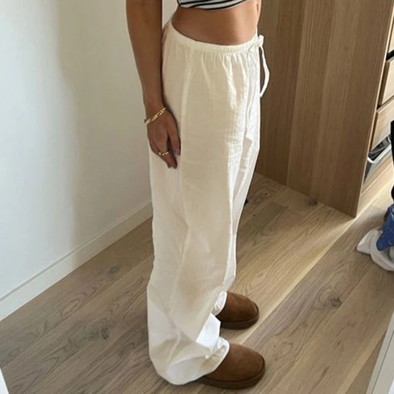 Rapcopter Solid Straight Pants Women Casual Low Waisted Elastic Waist Streetwear Sweatpants Basic Trousers Korean Vintage New