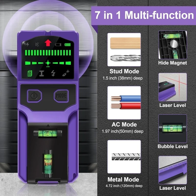 Stud Finder Wall Scanner Stud Detector Center Finder for Wood Metal AC Wire Pipe Detection Electronic Stud with Laser Level LCD