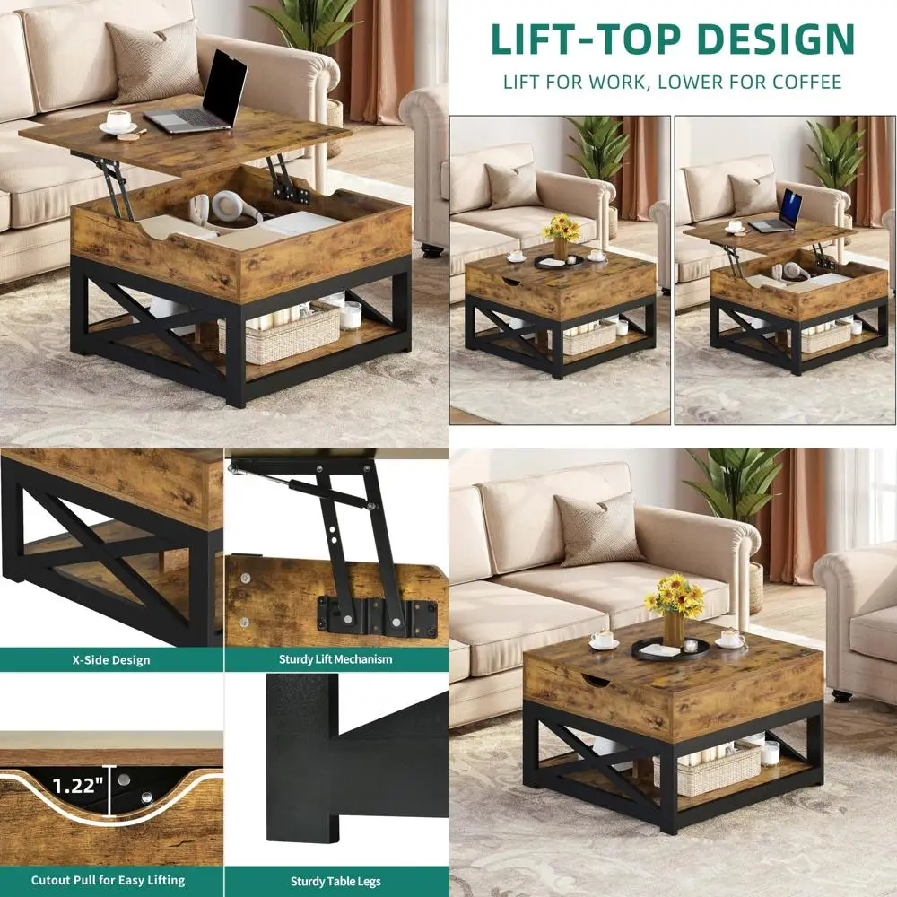 

Farmhouse-Style Storage Coffee Table with Lift Top for Living Room, Square Wooden Table
