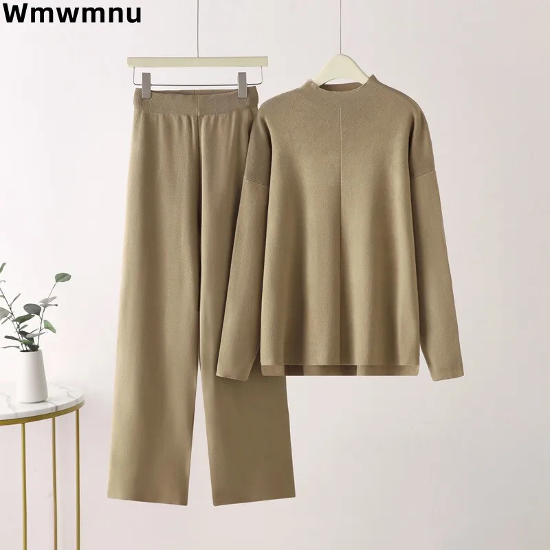 Casual Classic Knitted Women 2 Piece Sets Elegant Soft Sweater Coats Tops Conjunto Korea High Waist Baggy Wide Leg Pants Outfit