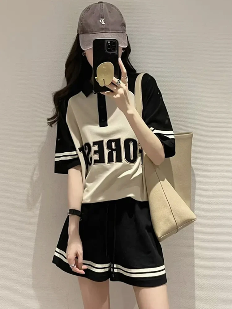 Short Sleeved Two Piece Set For Women Conjuntos Cortos Verano Mujer 2024 Loose Letter Polo Tops+Shorts Casual Tracksuit Suit