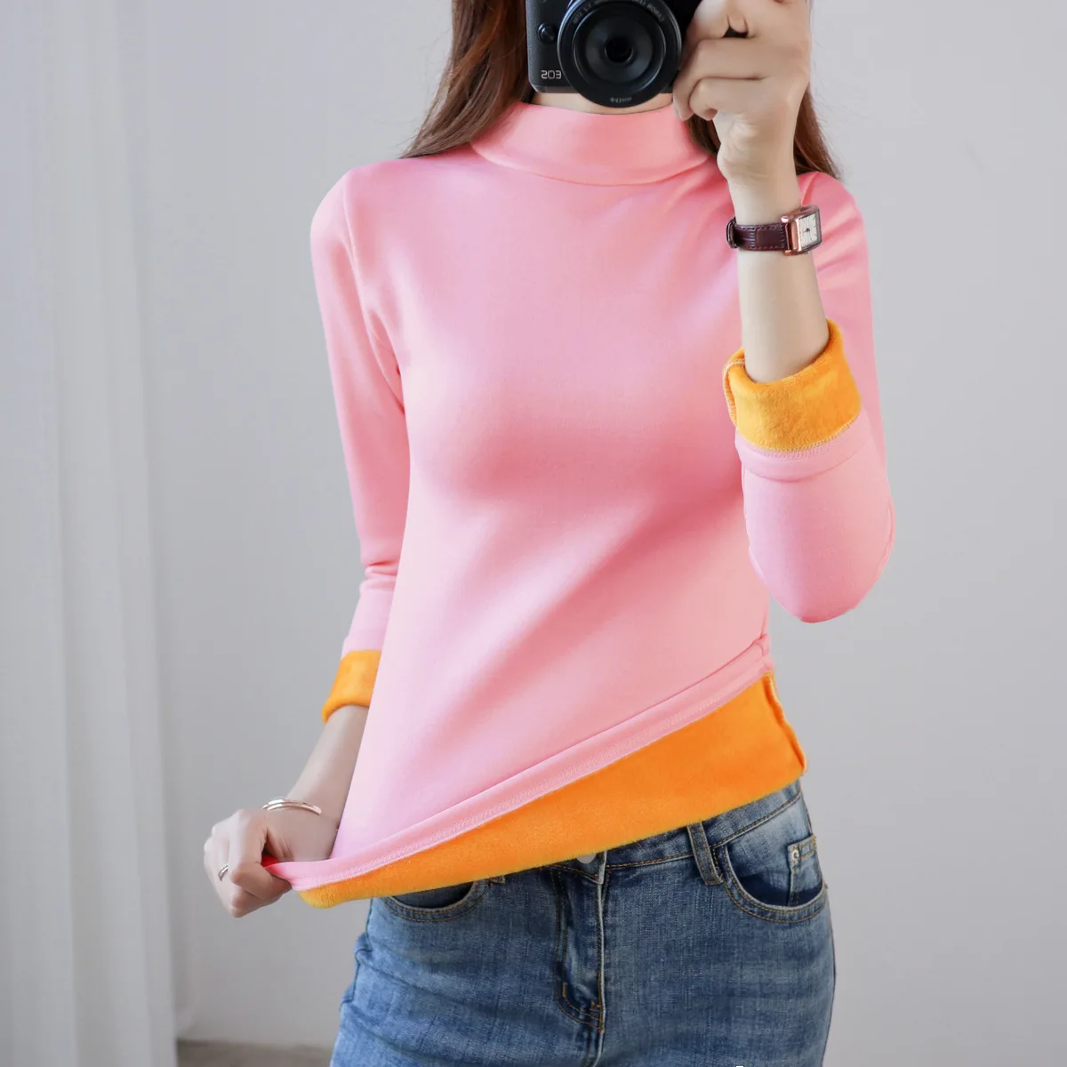 2022 New Fashion Casual Thermal Bottoming Tops Long Sleeve Autumn Winter Fleece T-shirt Solid Color Warm Tight Shirt for Female