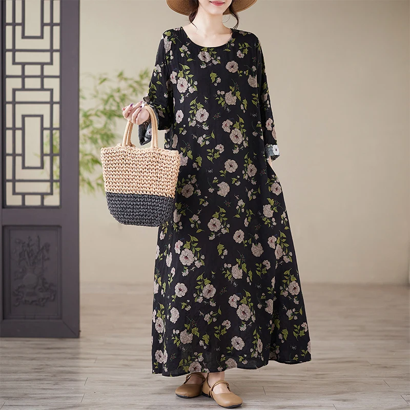 

plus Size Cotton Linen Print round Ne Loose Long Sve Summer Dr Comfortable Casual Sle Women's Dr Big Size Dr