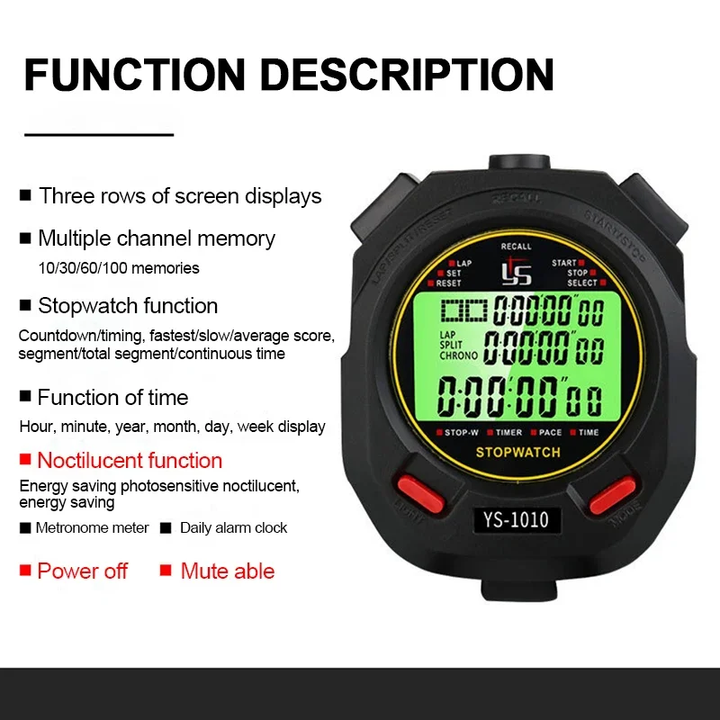 Digital Luminous Stopwatch Handheld Timer 10/30/60/100 Tracs Chronograph Counter Countdown Stopwatch for Outdoor Sports Training