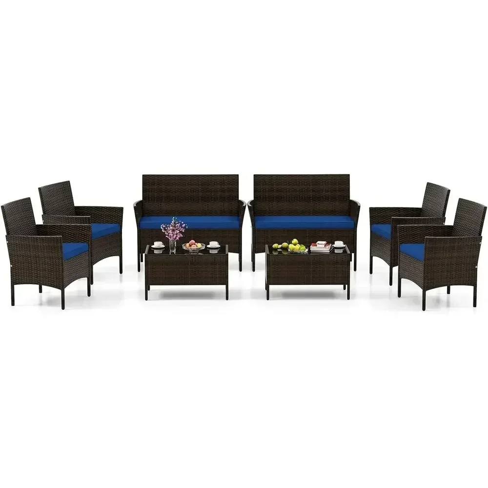 8-Piece Outdoor Rattan Patio Furniture Set with Loveseat Chairs and Tempered Glass Coffee Table, Ideal for Backyard, Garden, or