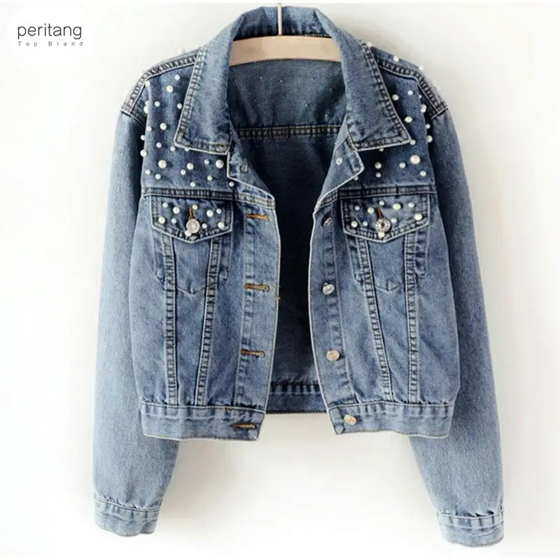 

Pearl Beading Short Denim Jackets 3Xl 5Xl Women White Wash Long Sleeve Vintage Casual Jean Jacket Bomber Denim Coat