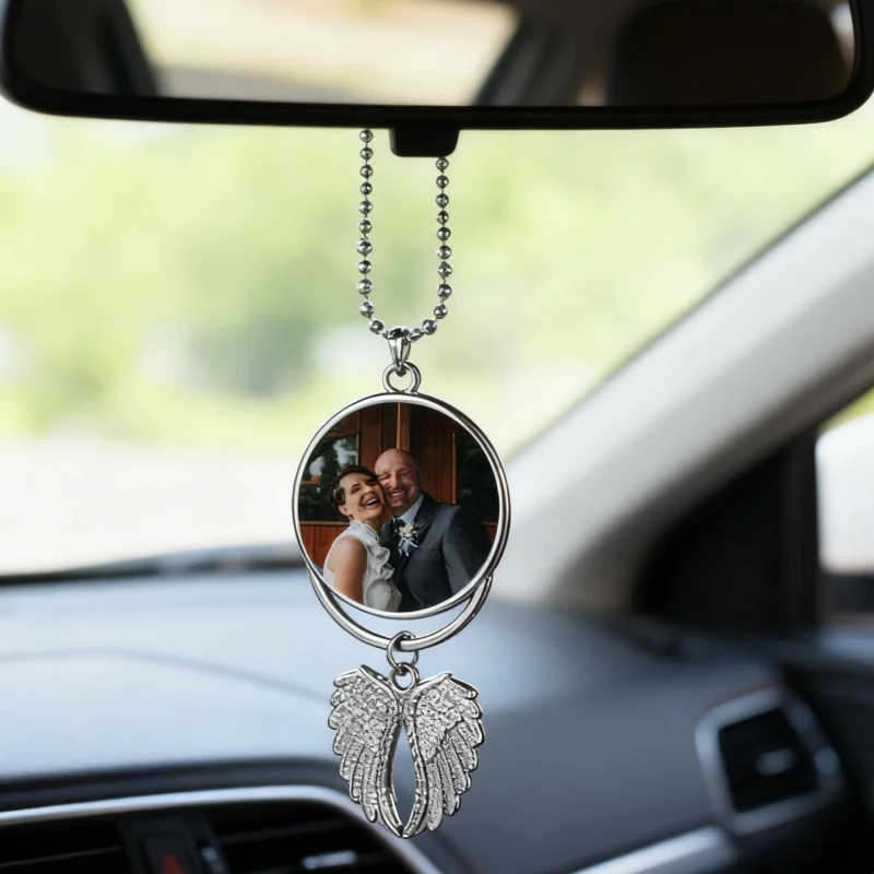 Custom Rear View Mirror Charm,Custom Photo Angel Wing Memorial Hanging Charm,Memorial Guardian Angel,Remembrance Gift - view 2