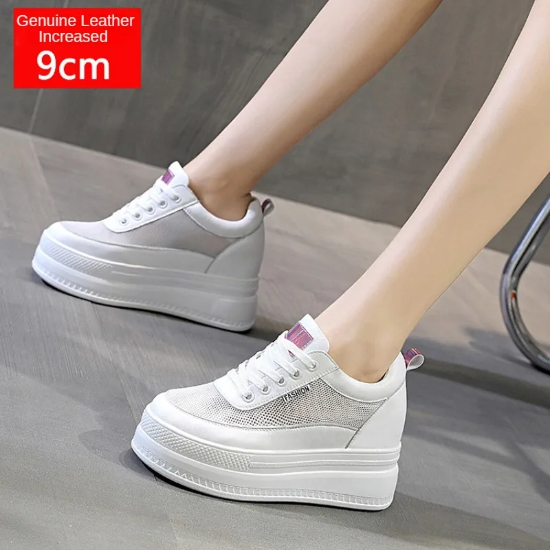 Genuine Leather Women Platform Air Mesh Hollow Sneakers Spring Casual Vulcanized Wedge Shoes Ladies Thick Bottom Court Sneakers