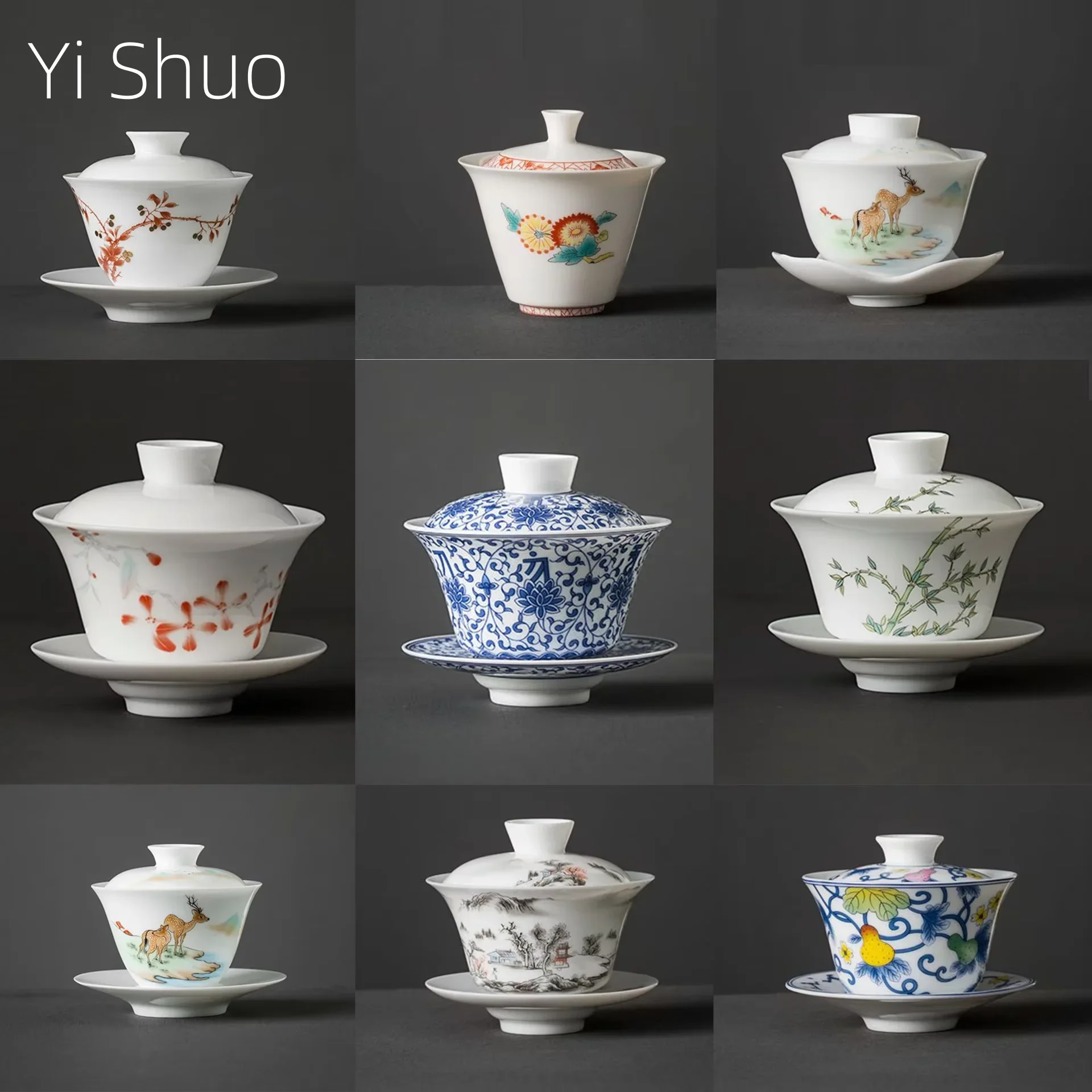 

White Ceramic Lidded Bowl Mutton Fat Jade Tea Bowl Hand Painted Blue and White Gaiwan Household Kung Fu Bowl