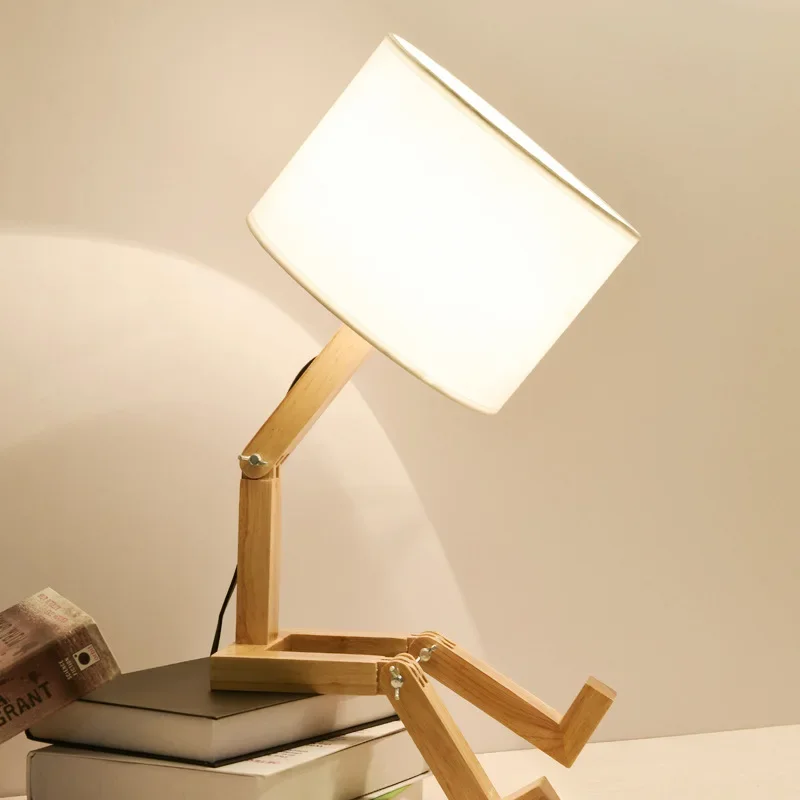 Adjusted Robot Shape Table Lamp E27 Wooden Fabric Bedroom Lamp Fold-able Desk Light for Living Room Study Room Drop Shipping