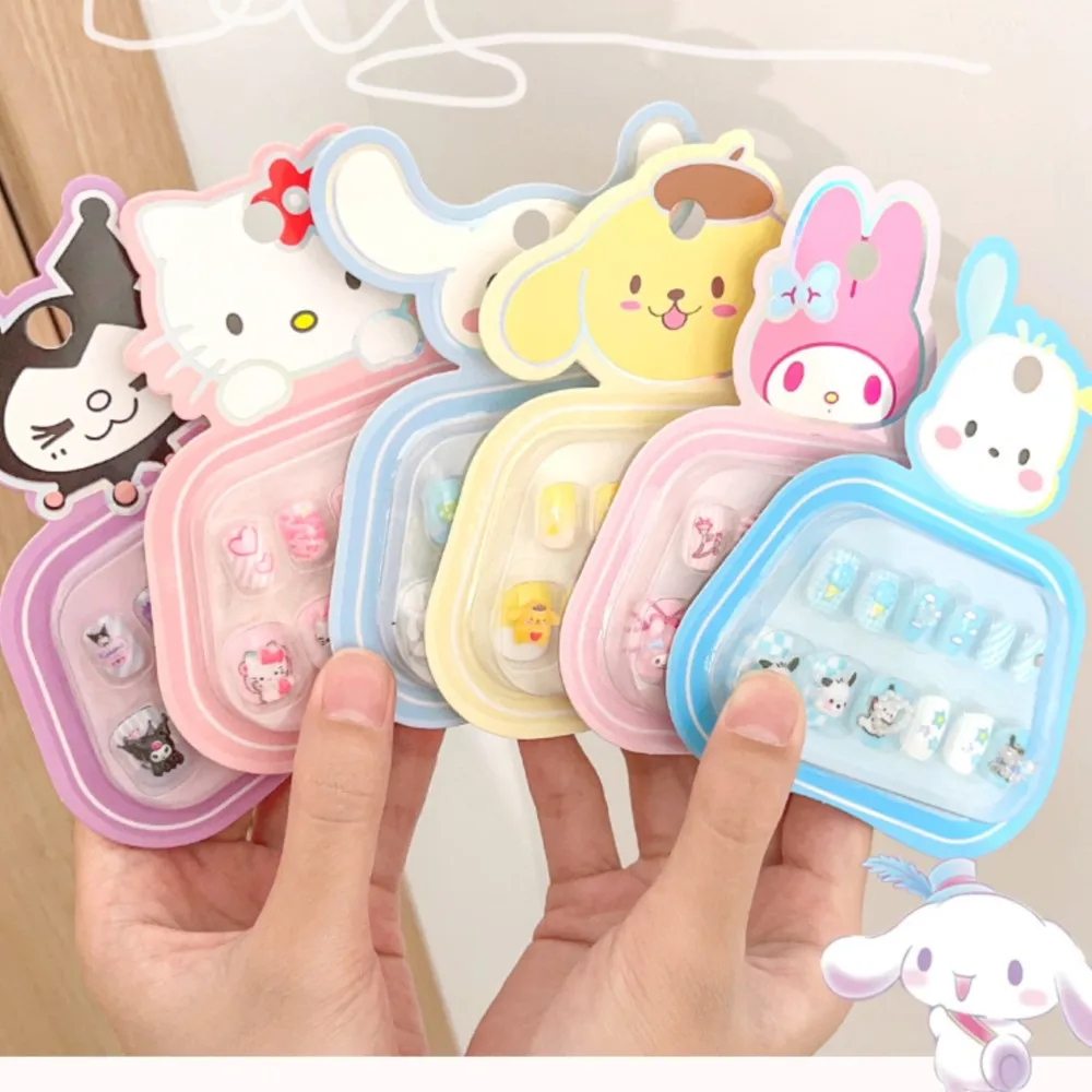 12 buah kartun Sanrio MyMelody anak-anak kuku palsu lucu Hello Kitty Kuromi Cinnamoroll Tekan pada kuku DIY Kawaii anak perempuan kuku palsu @ %