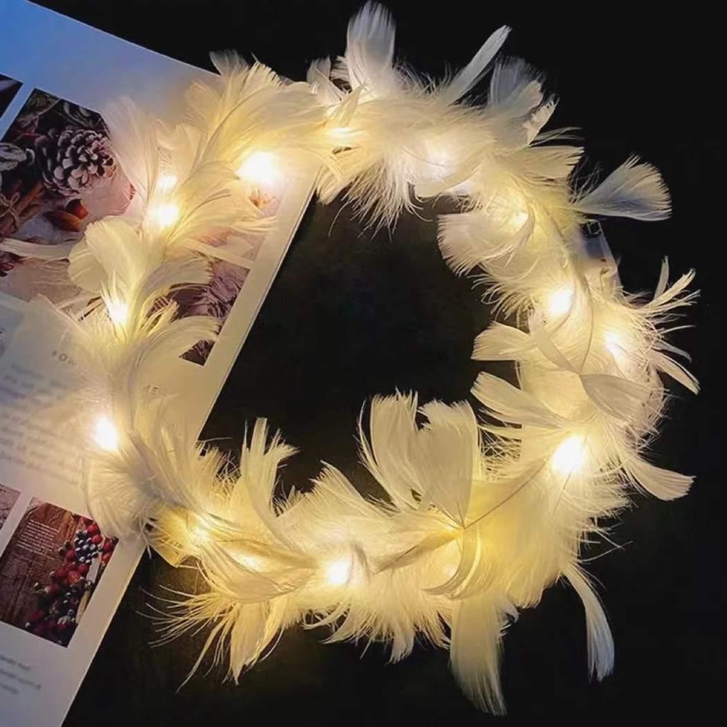 6Pcs LED Christmas Headband Light Up Feather Angel Crown Wreath Headbands Luminous Hair Accessories Headdress For Women Kids